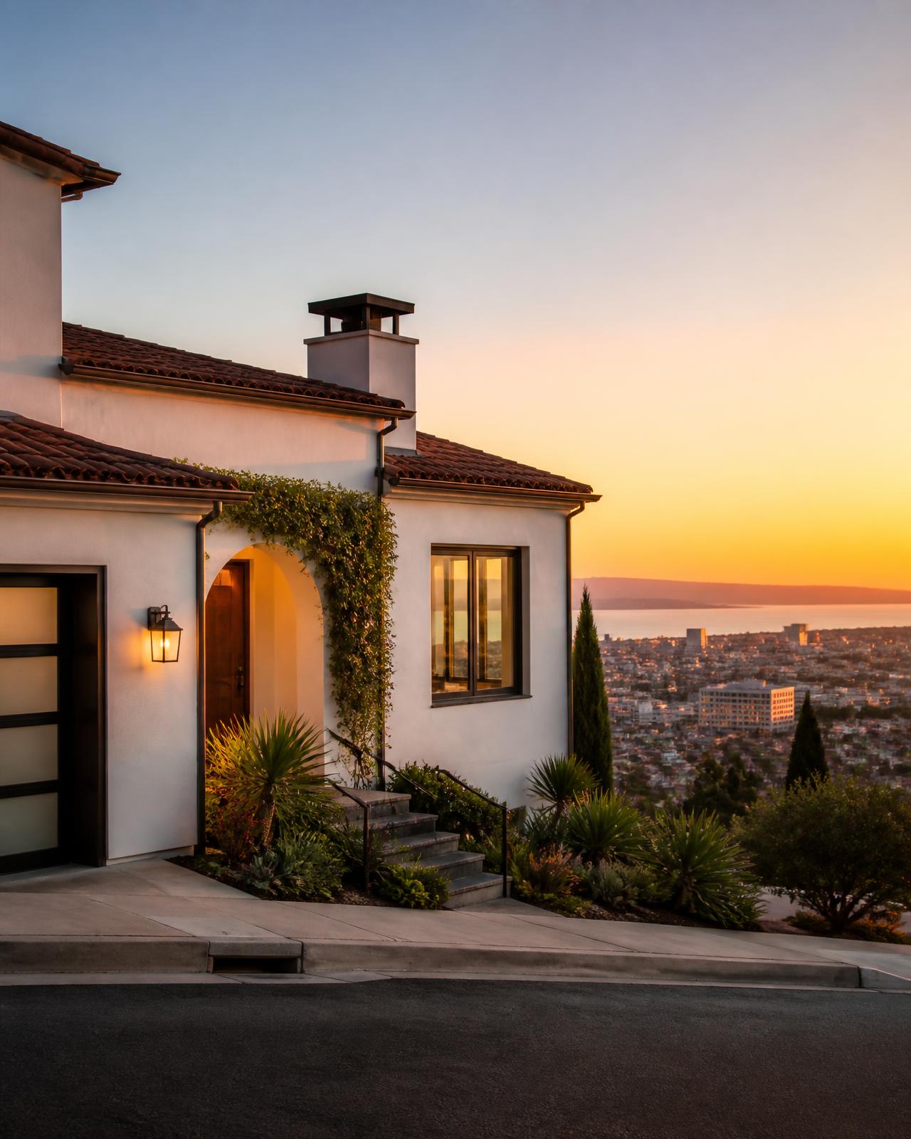 Homes overlooking a coastal city at golden hour